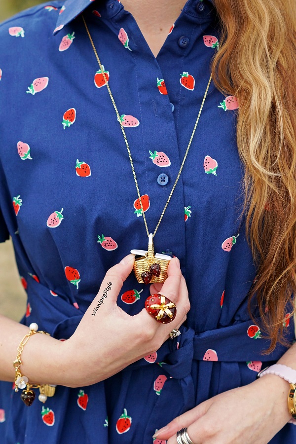 Winnipeg Style, Canadian fashion blog, Kate Spade picnic basket strawberry pendant necklace, Kate Spade strawberry printed cotton dress, Kate Spade strawberry picnic charm bracelet, Kate Spade tutti fruity strawberry ring, modern vintage spring summer outfit